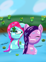 Size: 1536x2048 | Tagged: safe, artist:the crystal artist, derpibooru exclusive, imported from derpibooru, pipp petals, earth pony, frog, pegasus, pony, adorapipp, confused, cute, dialogue, duo, eyes closed, g5, jazz hooves, jazzibetes, lineless, missing accessory, shading, silly, snickering, text, water, wet, wet mane