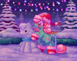 Size: 1897x1500 | Tagged: safe, artist:sidruni, imported from derpibooru, minty, earth pony, pony, candy, candy cane, christmas, food, hat, holiday, santa hat, snow, snowfall, snowmare, solo, string lights, tree