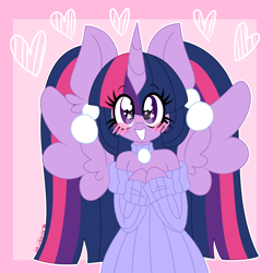 Size: 3000x3000 | Tagged: safe, artist:ladylullabystar, imported from derpibooru, twilight sparkle, alicorn, semi-anthro, arm hooves, big ears, blushing, clothes, pigtails, solo, starry eyes, sweater, twilight sparkle (alicorn), wingding eyes