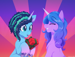 Size: 1600x1200 | Tagged: safe, artist:willoillo, imported from derpibooru, izzy moonbow, pony, unicorn, duo, female, g5, grin, mare, misty brightdawn, present, smiling