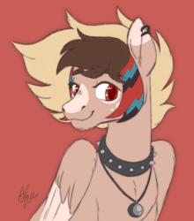 Size: 736x837 | Tagged: safe, artist:polymercorgi, imported from derpibooru, oc, pegasus, pony, bust, choker, male, portrait, red background, simple background, solo, spiked choker, stallion