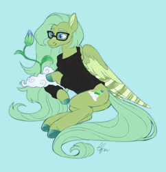 Size: 1376x1420 | Tagged: safe, artist:polymercorgi, imported from derpibooru, oc, pegasus, pony, blue background, clothes, cloud, female, flower, glasses, mare, simple background, solo, sweater
