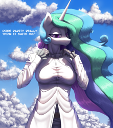 Size: 2799x3172 | Tagged: safe, artist:suhar, imported from derpibooru, princess celestia, alicorn, anthro, clothes, cloud, female, horn, jojo's bizarre adventure, multicolored mane, sky, solo