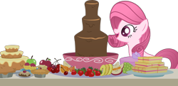 Size: 3040x1468 | Tagged: safe, artist:princess lily brush, artist:tanahgrogot, imported from derpibooru, oc, oc only, oc:annisa trihapsari, earth pony, pony, apple, base used, cake, cherry, chocolate fountain, cute, earth pony oc, female, food, grapes, happy, herbivore, imminent nom, mare, medibang paint, not pinkie pie, not rarity, ocbetes, open mouth, open smile, orange, pie, pineapple, sandwich, simple background, smiling, solo, strawberry, transparent background