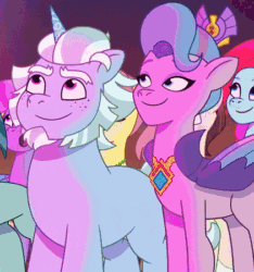 Size: 421x449 | Tagged: safe, imported from derpibooru, screencap, queen haven, earth pony, pegasus, pony, unicorn, spoiler:g5, spoiler:my little pony: tell your tale, spoiler:tyts01e42, alphabittle blossomforth, animated, bedroom eyes, cropped, crown, female, firework-ing together, freckles, g5, gif, jazz hooves, jewelry, lidded eyes, looking at each other, looking at someone, male, mare, my little pony: tell your tale, posey bloom, regalia, rocky riff, rufus, seductive, seductive look, sexy, shipping fuel, smiling, stallion, stupid sexy queen haven, youtube link
