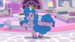 Size: 800x450 | Tagged: safe, imported from derpibooru, screencap, izzy moonbow, pony, unicorn, spoiler:g5, spoiler:my little pony: tell your tale, spoiler:tyts01e42, animated, dizzy, dizzy izzy, dizzy moonbow, falling, female, firework-ing together, g5, gif, glowing, glowing horn, horn, magic glow, mare, my little pony: tell your tale, smiling, solo, sparkles, spinning eyes, swirly eyes, youtube link