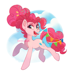 Size: 3000x3000 | Tagged: safe, artist:kipsneeps, imported from derpibooru, pinkie pie, earth pony, candy, confetti, food, happy, lollipop, looking at you, mouth hold, open mouth, open smile, simple background, smiling, solo, tongue out, white background