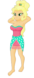 Size: 1700x3800 | Tagged: safe, artist:ah96, edit, editor:ah96, imported from derpibooru, applejack, human, equestria girls, alternate hairstyle, applejewel, arm behind head, bare shoulders, barefoot, breast edit, breasts, busty applejack, cleavage, clothes, dress, feet, female, ms paint, simple background, sleeveless, solo, strapless, transparent background