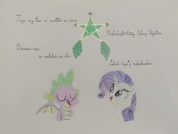 Size: 4160x3120 | Tagged: safe, artist:don2602, imported from derpibooru, rarity, spike, dragon, pony, unicorn, comic:star of christmas, abs cbn all star, eyes closed, filipino, lantern, looking up, singing, song reference, traditional art, translated in the description