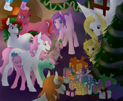 Size: 1024x838 | Tagged: artist needed, source needed, safe, imported from derpibooru, baby tiddlywinks, galaxy (g1), spike (g1), surprise, truly, oc, pony, christmas, holiday, pony oc, surprise (g1)