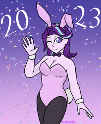Size: 2100x2568 | Tagged: safe, artist:hayley566, imported from derpibooru, starlight glimmer, human, equestria girls, 2023, bowtie, breasts, bunny ears, bunny suit, bunny tail, cleavage, clothes, confetti, female, gradient background, legs together, looking at you, new year, one eye closed, smiling, smiling at you, solo, tail, tights, wink