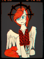 Size: 480x640 | Tagged: safe, artist:raw16, imported from derpibooru, oc, oc:ray muller, pegasus, animated, collar, creepy, darkest dungeon, ear piercing, error, glitch, looking at you, piercing, ponytail, scar, tattoo