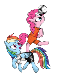 Size: 640x840 | Tagged: safe, artist:isegrim87, imported from derpibooru, pinkie pie, rainbow dash, earth pony, pegasus, pony, balancing, clothes, duo, duo female, female, football, germany, netherlands, ponies balancing stuff on their nose, simple background, sports, transparent background, vector