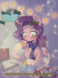 Size: 2048x2732 | Tagged: safe, artist:pierogarts, imported from derpibooru, pipp petals, pegasus, pony, adorapipp, blushing, chocolate, clock, clothes, computer mouse, cookie, cup, cute, female, food, g5, headband, hearts warming day, holly, hot chocolate, mare, mousepad, purse, scarf, smiling, solo, stars