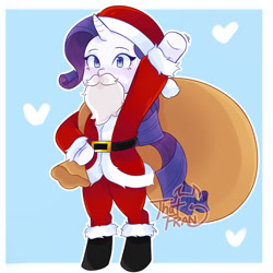 Size: 1280x1280 | Tagged: safe, artist:thatfrann, imported from derpibooru, rarity, pony, unicorn, belt, bipedal, blue background, boots, christmas, clothes, costume, fake beard, female, hat, heart, holiday, looking at you, mare, sack, santa beard, santa claus, santa costume, santa hat, santa sack, shoes, simple background, solo, standing