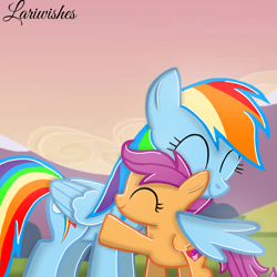 Size: 1300x1300 | Tagged: safe, artist:mlplary6, imported from derpibooru, rainbow dash, scootaloo, pegasus, pony, cute, cutealoo, dashabetes, duo, duo female, eyes closed, female, filly, foal, hug, mare, scootalove, sibling love, siblings, sisters, smiling, winghug, wings