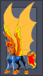 Size: 2393x4191 | Tagged: safe, artist:parrpitched, imported from derpibooru, oc, oc:fireheart(fire), bat pony, concave belly, fireheart76's latex suit design, kink, latex, latex suit, prisoners of the moon, rubber, rubber suit, slim, solo, thin, unshorn fetlocks