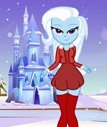 Size: 844x1000 | Tagged: safe, artist:3d4d, artist:gmaplay, imported from derpibooru, trixie, human, equestria girls, castle, christmas, clothes, costume, holiday, santa costume, snow, snowfall, socks, solo, thigh highs