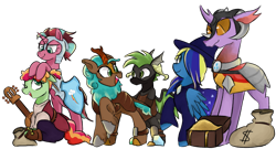 Size: 2000x1080 | Tagged: safe, artist:metaruscarlet, imported from derpibooru, oc, oc only, oc:cocoa berry, oc:halcyon halfnote, oc:larynx (changeling), oc:lobelya, oc:wild goosechase, unnamed oc, changedling, changeling, dragon, earth pony, kirin, pegasus, pony, unicorn, derpibooru community collaboration, 2023 community collab, acoustic guitar, armor, bag, bandage, bandana, belt, boots, changedling oc, changeling oc, clothes, coin, dragon oc, dungeons and dragons, fantasy class, female, freckles, grin, guitar, hair over one eye, hat, helmet, hoof shoes, kirin oc, looking at each other, looking at someone, lute, male, mare, mask, money bag, multicolored hair, musical instrument, non-pony oc, nonbinary, one eye closed, pants, pen and paper rpg, raised hoof, robe, rpg, shield, shirt, shoes, simple background, sitting, smiling, stallion, transparent background, treasure chest, vest, wall of tags, wink, witch hat