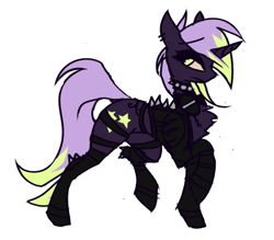 Size: 441x387 | Tagged: source needed, safe, artist:fenixdust, imported from derpibooru, oc, oc only, oc:lucky stars, pony, unicorn, choker, concave belly, looking at you, raised hoof, simple background, slim, solo, thin, walking, white background