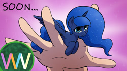 Size: 1280x720 | Tagged: safe, artist:doublewbrothers, imported from derpibooru, princess luna, alicorn, human, pony, hand, in goliath's palm, micro, my tiny pony, size difference, tiny, tiny ponies