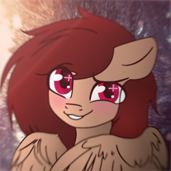 Size: 480x480 | Tagged: safe, artist:hiverro, imported from derpibooru, oc, oc only, oc:hiverro, pegasus, pony, autumn, blushing, forest, looking at you, pegasus oc, smiling, solo, starry eyes, wingding eyes, wings