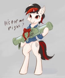Size: 1076x1280 | Tagged: safe, artist:foxpit, imported from derpibooru, oc, oc only, oc:blackjack, pony, unicorn, fallout equestria, fallout equestria: project horizons, bipedal, clothes, female, gun, horn, mare, present, rocket launcher, simple background, small horn, solo, weapon