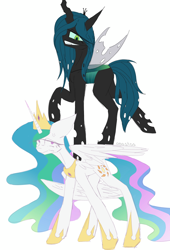 Size: 1700x2500 | Tagged: source needed, safe, artist:anastas, imported from derpibooru, princess celestia, queen chrysalis, alicorn, changeling, changeling queen, pony, angry, cross-popping veins, crown, ears back, emanata, female, flowing mane, g4, jewelry, regalia, simple background, smiling, standing, standing on two hooves, sternocleidomastoid, white background