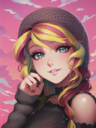 Size: 512x682 | Tagged: safe, editor:sammykun, imported from derpibooru, sunset shimmer, human, equestria girls, ai content, ai generated, beanie, beautiful, bust, clothes, female, generator:novelai, generator:stable diffusion, hat, humanized, link in description, looking at you, pixiv, portrait, sky, smiling, solo, sweater, the quality of ai art is frightening