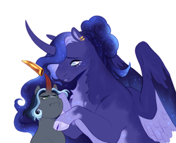 Size: 2152x1748 | Tagged: safe, artist:celeriven, imported from derpibooru, princess luna, oc, oc:cepheus, alicorn, pony, unicorn, cloven hooves, colored horn, curved horn, duo, ear piercing, earring, horn, jewelry, offspring, parent:king sombra, parent:princess luna, parents:lumbra, piercing, simple background, twitterina design, white background