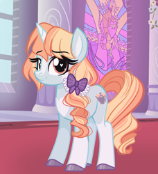 Size: 2612x2866 | Tagged: safe, artist:emberslament, imported from derpibooru, discord, oc, oc only, oc:porcelain teapot, pony, unicorn, blaze (coat marking), bow, canterlot castle, clothes, coat markings, facial markings, female, hair bow, heart, heart eyes, looking at you, maid, mare, socks (coat markings), solo, stained glass, stained glass window, wingding eyes