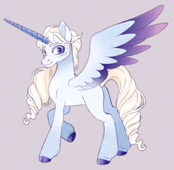 Size: 1428x1402 | Tagged: safe, artist:polymercorgi, imported from derpibooru, oc, oc:north wind, alicorn, pony, alicorn oc, cloven hooves, colored wings, gradient wings, horn, long horn, male, multicolored wings, offspring, parent:feather bangs, parent:princess luna, raised hoof, simple background, slim, solo, stallion, transgender, two toned wings, wings