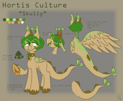 Size: 1774x1454 | Tagged: safe, artist:pagophasia, derpibooru exclusive, imported from derpibooru, oc, oc only, oc:hortis culture, hybrid, pony, bust, collar, ear tufts, eyes closed, floppy ears, frog (hoof), full body, glasses, horns, leaf, looking sideways, nonbinary, open mouth, raised hoof, reference sheet, round glasses, short hair, side view, simple background, smiling, solo, text, tree, turned away, undercut, underhoof, unshorn fetlocks, wings