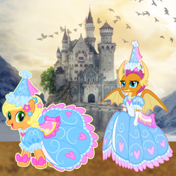 Size: 1080x1080 | Tagged: safe, artist:darlycatmake, imported from derpibooru, applejack, smolder, bird, dragon, earth pony, pony, applejack also dresses in style, beautiful, bow, castle, clothes, cute, dragon wings, dragoness, dress, duo, duo female, ear piercing, fanart, female, flower, flower in hair, froufrou glittery lacy outfit, gloves, happy, hat, hennin, hill, jackabetes, jewelry, long gloves, mountain, necklace, piercing, princess, princess applejack, princess smolder, smiling, smolderbetes, spread wings, wings