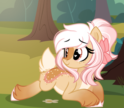 Size: 2903x2516 | Tagged: safe, artist:emberslament, imported from derpibooru, oc, oc only, oc:cinnamon rose, deer, deer pony, original species, bow, butt fluff, cute, female, forest background, hair bow, heart, heart eyes, high res, looking at something, looking back, ocbetes, solo, tail, tail fluff, tree, unshorn fetlocks, wingding eyes