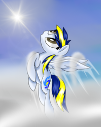 Size: 1691x2121 | Tagged: safe, artist:notadeliciouspotato, imported from derpibooru, oc, oc only, oc:huracata, pegasus, pony, cloud, contrail, female, flying, lens flare, mare, open mouth, solo, spread wings, wings