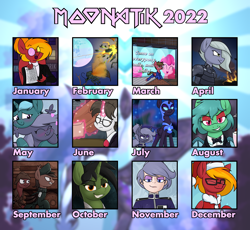 Size: 2222x2048 | Tagged: safe, artist:moonatik, imported from derpibooru, limestone pie, nightmare moon, pinkie pie, raven, oc, oc:carte blanche, oc:grim fate, oc:moonatik, oc:selenite, oc:sol nightshade, anthro, human, pony, art summary, bowtie, cazadore, christmas, clothes, costume, cravat, cutie mark crusaders, explosion, female, hair bun, hat, heart, holiday, humanized, humanized oc, implied princess celestia, male, mare in the moon, military pony, military uniform, moon, oc x oc, santa costume, santa hat, shipping, soldier, solenite, straight, tank (vehicle), tuxedo, uniform, unnamed character, unnamed pony