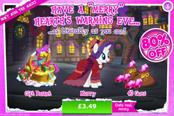 Size: 1959x1298 | Tagged: safe, imported from derpibooru, merry, rarity, pony, unicorn, advertisement, basket, bell, bow, candy, candy cane, clothes, costs real money, dress, english, female, food, gameloft, gem, hat, horn, mobile game, my little pony: magic princess, numbers, present, sale, solo, solo focus, text