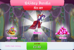 Size: 1268x858 | Tagged: safe, imported from derpibooru, merry, rarity, pony, unicorn, basket, bell, bow, bundle, candy, candy cane, clothes, costs real money, dress, english, female, food, gameloft, gem, hat, horn, mobile game, my little pony: magic princess, numbers, present, sale, solo, solo focus, text