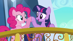 Size: 1280x720 | Tagged: safe, imported from derpibooru, screencap, pinkie pie, twilight sparkle, earth pony, pony, unicorn, the crystal empire, balcony, cute, diapinkes, duo, happy, hoofbump, looking at each other, looking at someone, open mouth, smiling, twiabetes, unicorn twilight