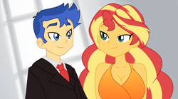 Size: 2437x1357 | Tagged: safe, artist:aokushan, imported from derpibooru, flash sentry, sunset shimmer, human, equestria girls, breasts, busty sunset shimmer, cleavage, clothes, duo, female, flashimmer, looking at each other, looking at someone, male, necktie, shipping, smiling, smiling at each other, straight, suit