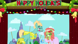Size: 2063x1160 | Tagged: safe, anonymous artist, artist:cloudy glow, artist:frownfactory, imported from derpibooru, tree hugger, zephyr breeze, earth pony, pegasus, 2022, christmas, clothes, costume, december, female, friendship, happy holidays, hearth's warming, holiday, kiss mark, lipstick, male, mare, mistletoe, performance, play, shipping, stage, stallion, straight, youtube link in the description, zephyrhugger