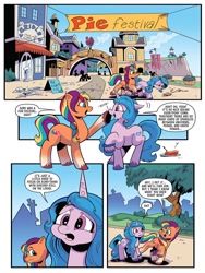Size: 768x1024 | Tagged: safe, artist:andypriceart, idw, imported from derpibooru, izzy moonbow, sunny starscout, earth pony, pony, unicorn, spoiler:comic, spoiler:g5comic, spoiler:g5comic08, balloon, boop, flower, food, g5, pie, sign, tree