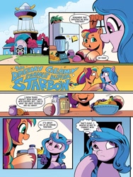 Size: 768x1024 | Tagged: safe, artist:andypriceart, idw, imported from derpibooru, izzy moonbow, sunny starscout, earth pony, pony, unicorn, spoiler:comic, spoiler:g5comic, spoiler:g5comic08, blender (object), crystal brighthouse, food, fruit, g5, milk, peanut butter, shipping fuel