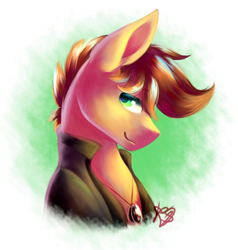 Size: 2300x2420 | Tagged: safe, artist:prettyshinegp, imported from derpibooru, oc, oc only, earth pony, pony, abstract background, bust, clothes, earth pony oc, male, signature, smiling, solo, stallion