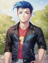 Size: 512x682 | Tagged: safe, editor:sammykun, imported from derpibooru, flash sentry, human, equestria girls, ai content, ai generated, clothes, generator:novelai, generator:stable diffusion, half body, handsome, humanized, jacket, leather, leather jacket, looking at you, male, muscles, muscular male, serious, serious face, shirt, solo, tree