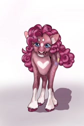 Size: 683x1024 | Tagged: safe, artist:princessglitzy, imported from derpibooru, pinkie pie, earth pony, pony, female, mare, redesign, simple background, smiling, solo, unshorn fetlocks, white background