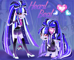 Size: 1280x1035 | Tagged: safe, artist:emperor-anri, imported from derpibooru, oc, oc only, oc:heart beat, oc:heart beat(anri), earth pony, human, pony, equestria girls, bangs, boob window, clothes, colored hooves, earth pony oc, equestria girls oc, ethereal mane, eyelashes, eyeshadow, female, grin, hair physics, headworn microphone, high heels, hoof polish, jewelry, long hair, long mane, long tail, makeup, mare, nail polish, ring, shoes, shorts, smiling, sparkly hair, sparkly mane, sparkly tail, standing, starry mane, stockings, tail, thigh highs, zoom layer