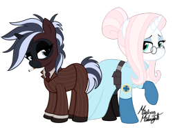 Size: 2732x2048 | Tagged: safe, artist:mistress midnight, artist:mommymidday, imported from derpibooru, oc, oc:mistress, oc:mommy midday, pony, unicorn, belt, cigarette, clothes, dressup, duo, duo female, female, glasses, hoof gloves, horn, lab coat, mask, medic, show accurate, simple background, spy, suit, team fortress 2, transparent background, unicorn oc
