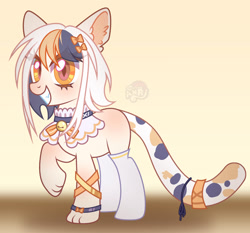 Size: 1280x1194 | Tagged: safe, artist:emperor-anri, imported from derpibooru, oc, oc only, cat, cat pony, original species, bow, cat tail, choker, clothes, collar, colored eyelashes, ear fluff, eye clipping through hair, grin, hair bow, jingle bells, orange eyes, paws, raised paw, slit pupils, smiling, socks, solo, stockings, tail, thigh highs